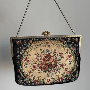 Vintage Floral Tapestry Bag With Ornate Gold Hardware